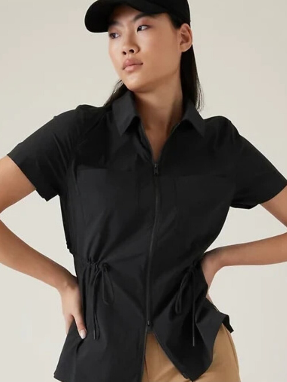 Athleta Black Advantage Cinch Tee Collared Full Up & Down Zip Shirt Size Large.